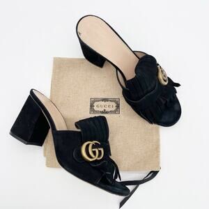 Gucci Marmont Black Suede Kiltie Fringe Block Heel Mules Sandals Slides EU 40